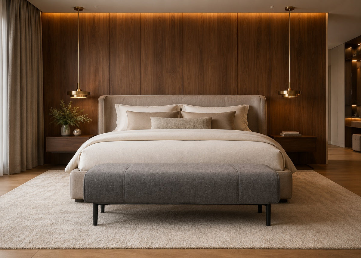 Modern bedroom with a large bed, wooden headboard, and decorative elements.