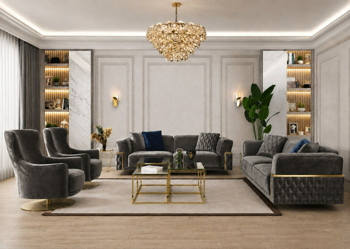 A luxury modern living room featuring a dark gray tufted velvet sofa set, two matching armchairs with gold bases, a glass and gold coffee table, and a large crystal chandelier hanging from the ceiling.