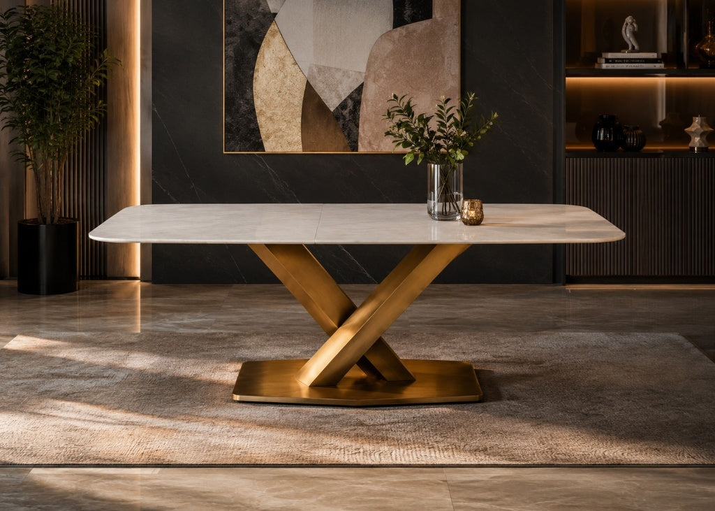 A modern rectangular dining table with a white marble-look top and a polished gold-tone X-shaped metal base, styled in a contemporary dining room setting.