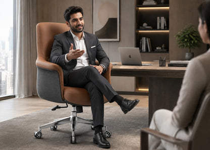 A man in a dark gray suit sits in a modern brown and gray office chair, gesturing while speaking to another person in a professional office setting with a desk, laptop, and shelving in the background.