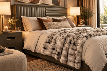 Eira Faux Fur Throw styled across a luxury bed in a warm neutral bedroom