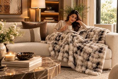 Eira Faux Fur Throw styled with a woman relaxing on a cream sofa in a cozy luxury living room