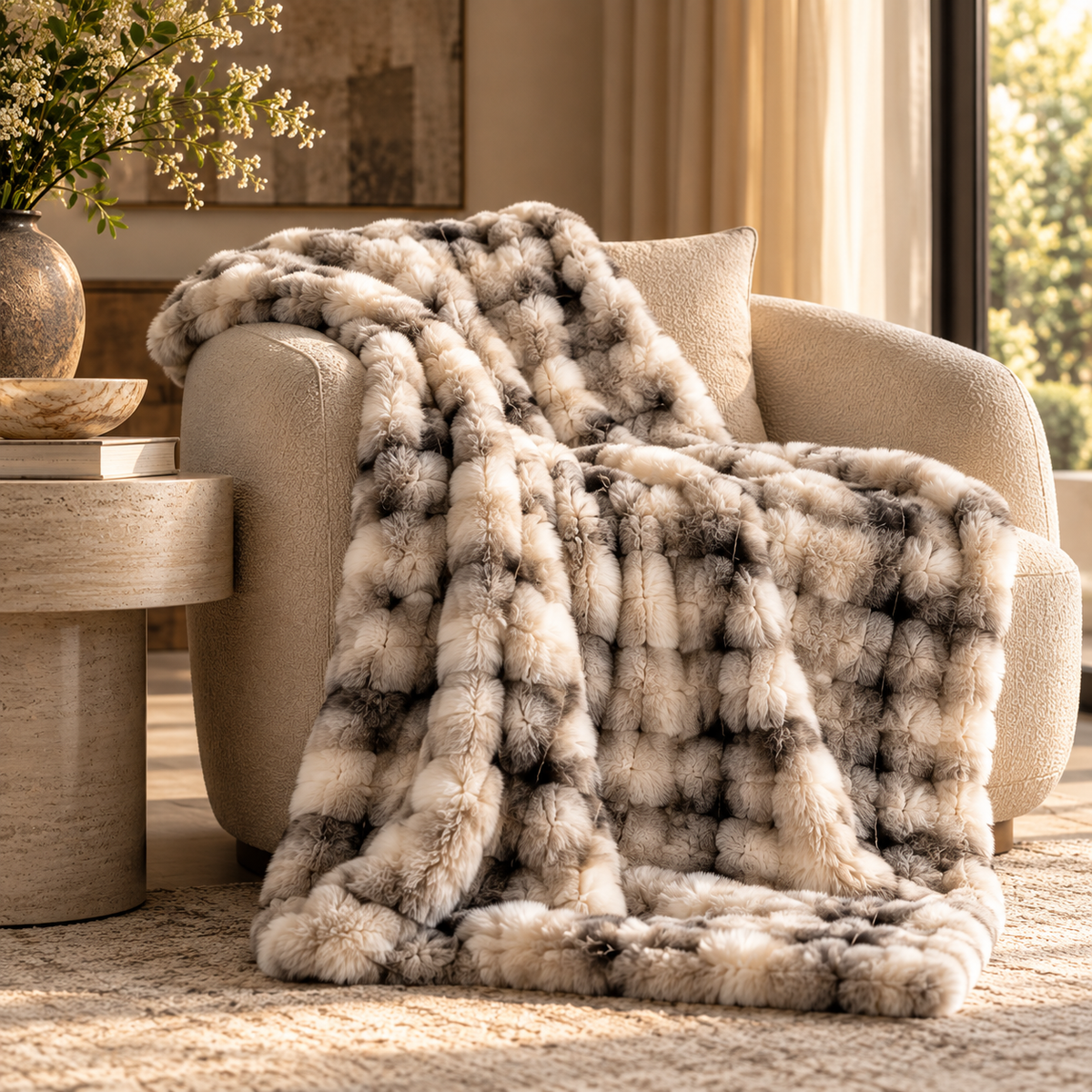 Eira Faux Fur Throw draped over a cream bouclé armchair in a warm luxury reading nook