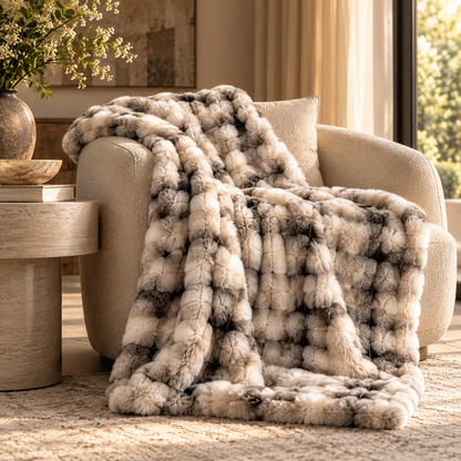Eira Faux Fur Throw draped over a cream bouclé armchair in a warm luxury reading nook