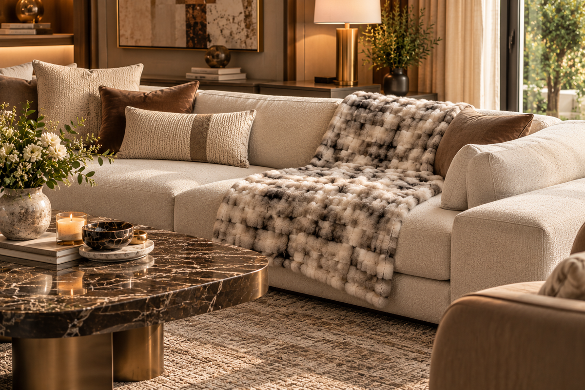 Eira Faux Fur Throw arranged on a cream sofa in a warm luxury living room