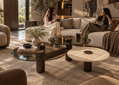 Eldessa coffee table styled in a luxury living room with two people