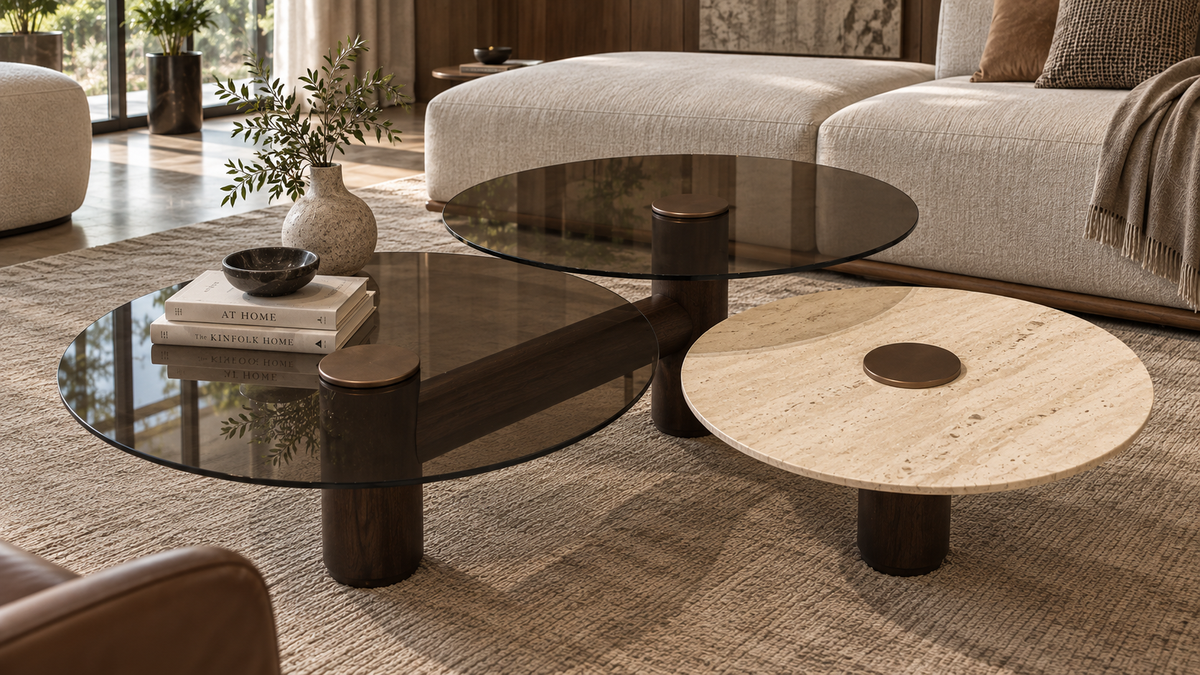 Eldessa coffee table in a luxury living room with smoked glass, travertine and dark oak