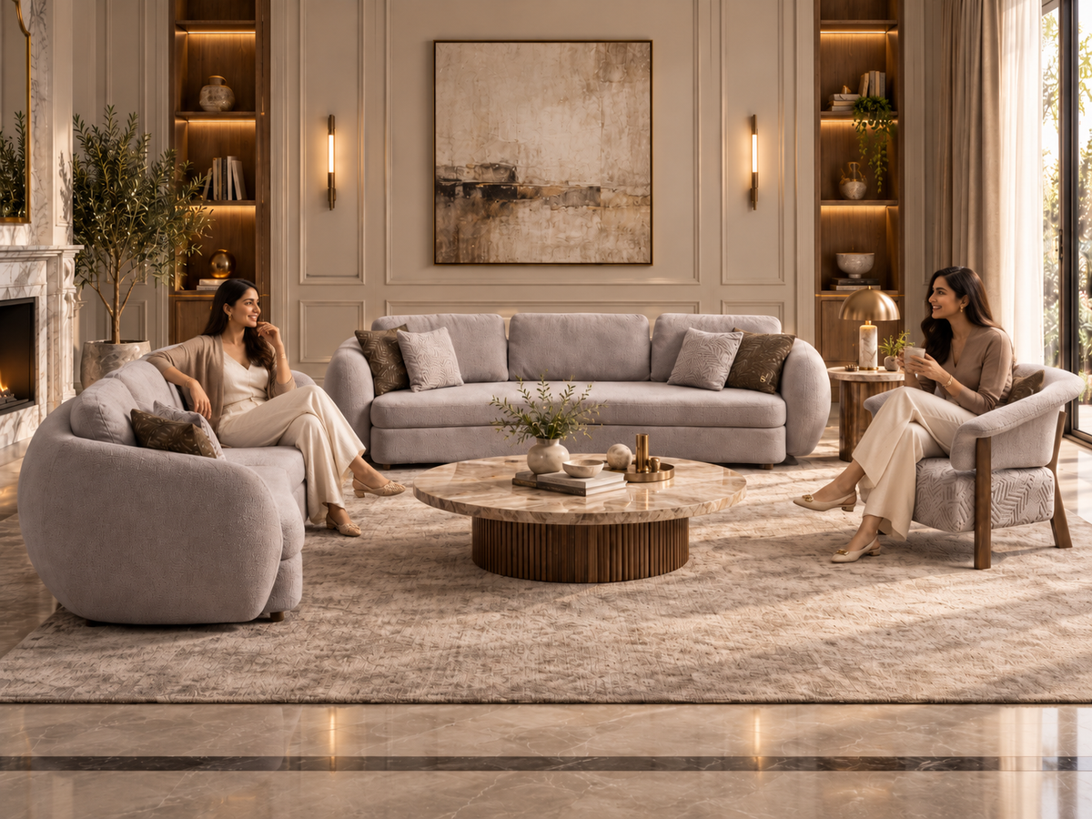 Luna luxury sofa set in formal living room with two guests talking and an accent chair