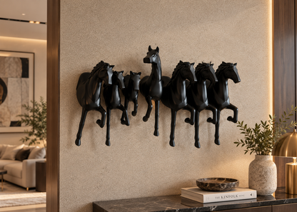 Equus Wall Sculpture matte black galloping horse wall decor in a luxury contemporary interior