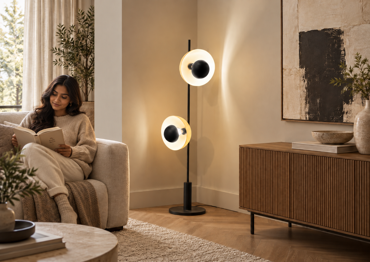 Evora Floor Lamp by Enza Home styled beside a relaxed reading area