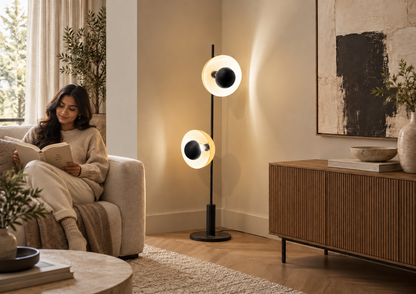 Evora Floor Lamp by Enza Home styled beside a relaxed reading area