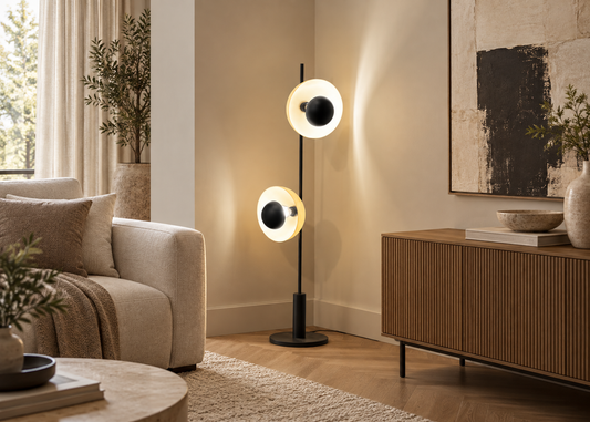 Evora Floor Lamp by Enza Home in a warm contemporary living room