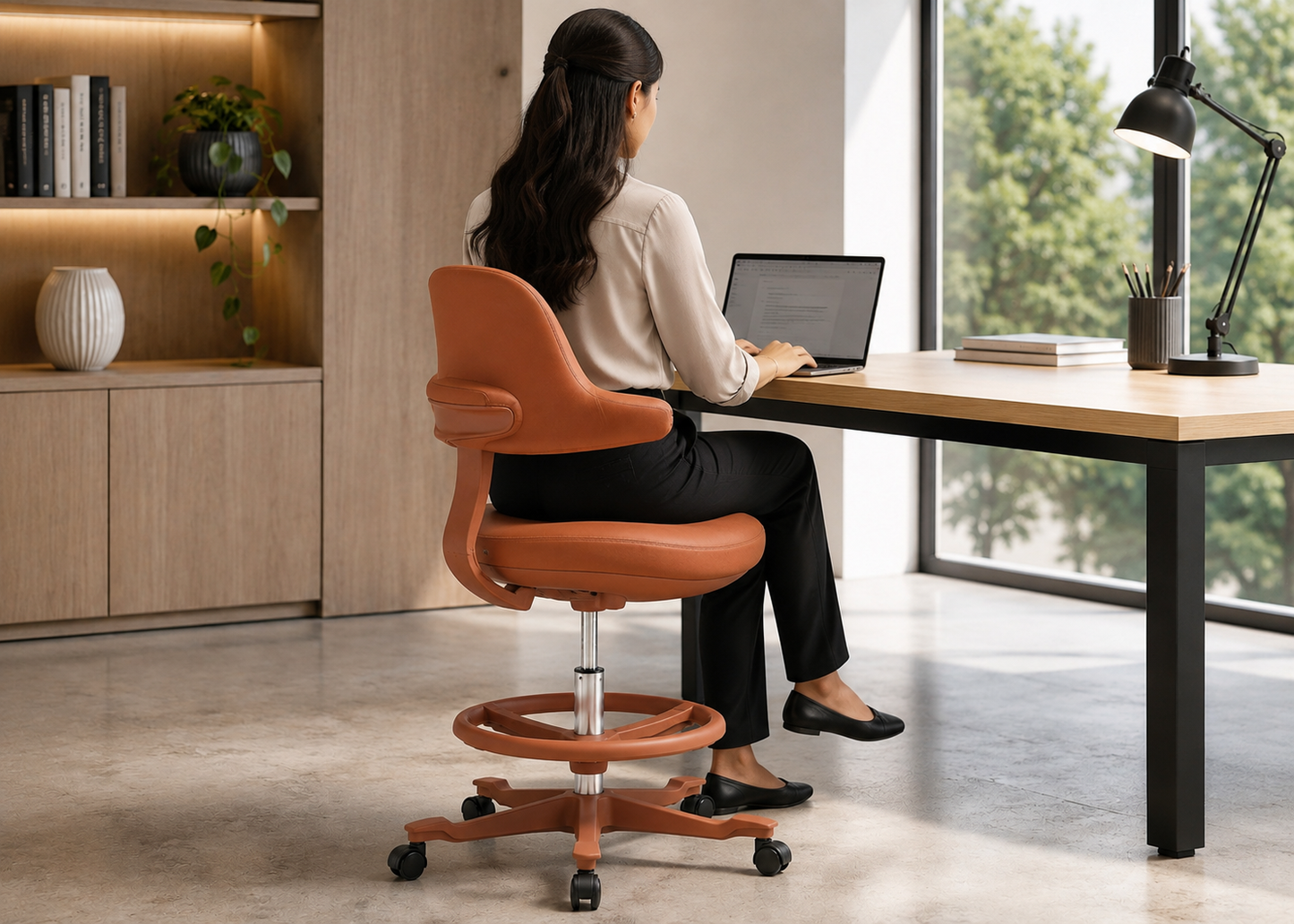 A woman sits on an orange ergonomic office chair at a light wood desk in a bright modern home office, using a laptop near a large window.