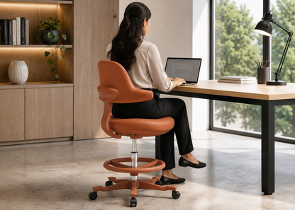 A woman sits on an orange ergonomic office chair at a light wood desk in a bright modern home office, using a laptop near a large window.