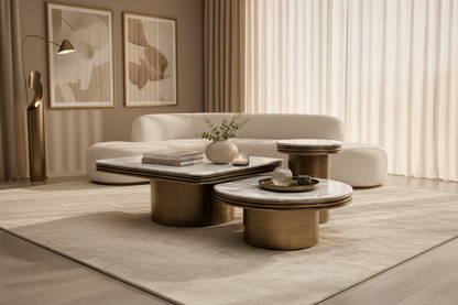 Set of bronze and marble coffee tables against a gray concrete wall.