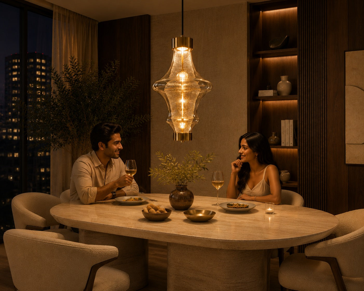 Two people sitting at a dinner table in a dimly lit room with a modern chandelier.