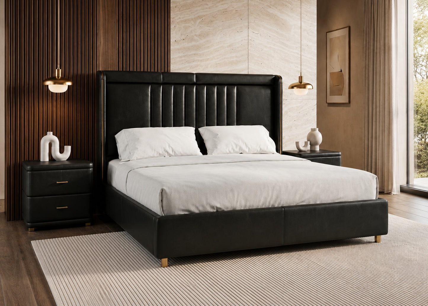 Modern bedroom with a black upholstered bed and white bedding.