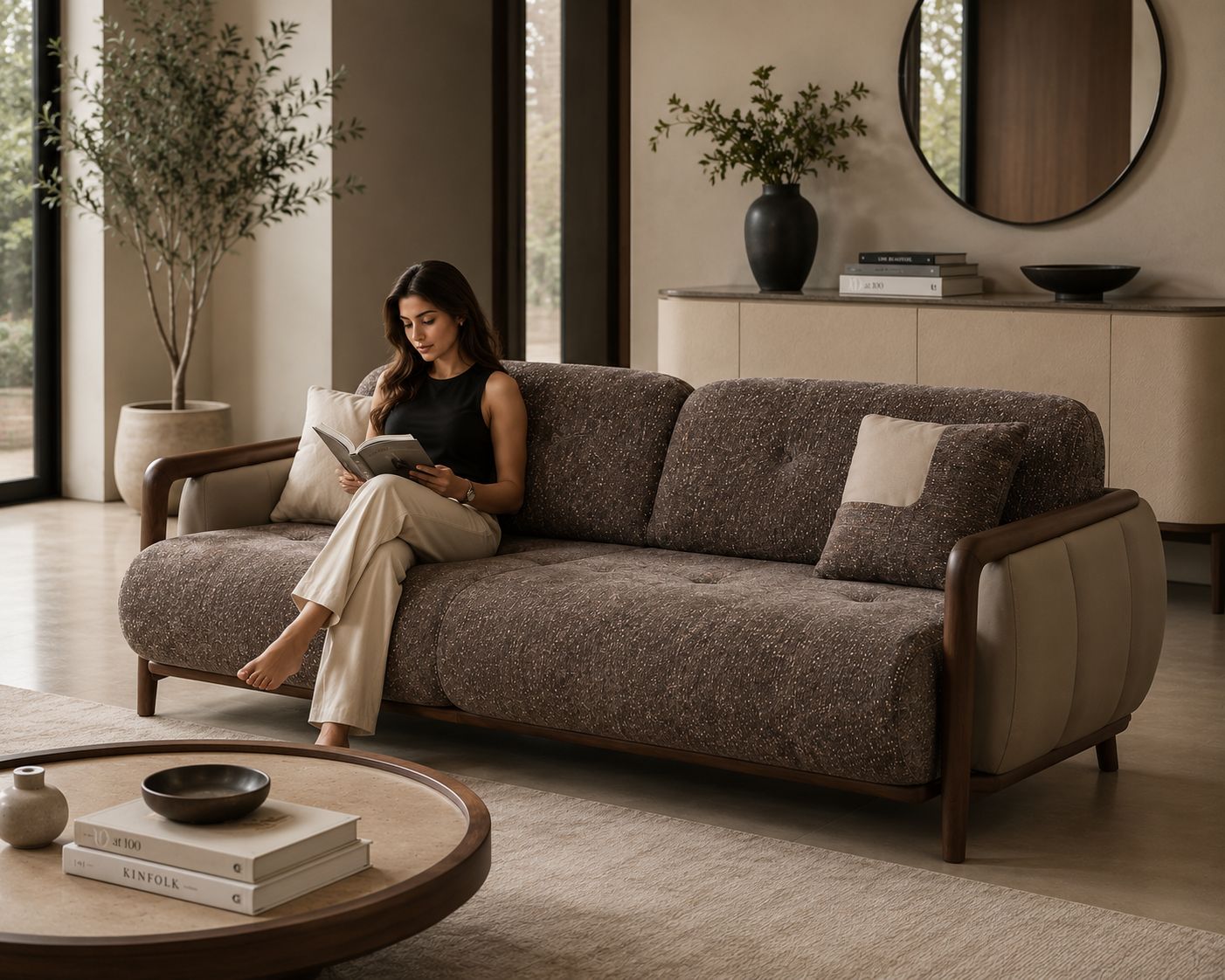 A woman sits on a textured brown upholstered sofa with dark wood arms in a modern, warm-toned living room. The sofa has light beige tufted side panels and matching pillows.