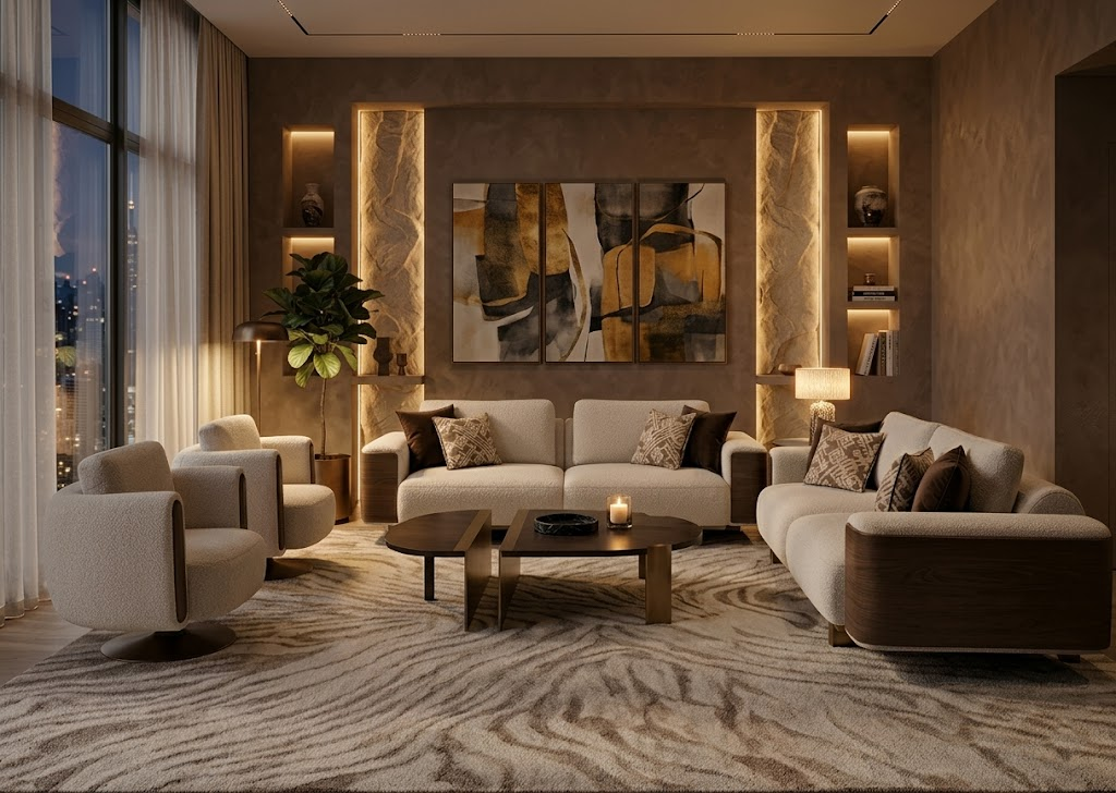 Modern living room with beige sofa, armchair, and coffee table in a stylishly decorated room.