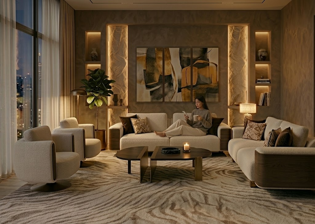 Modern living room with a woman sitting on a sofa, surrounded by stylish furniture and decor.