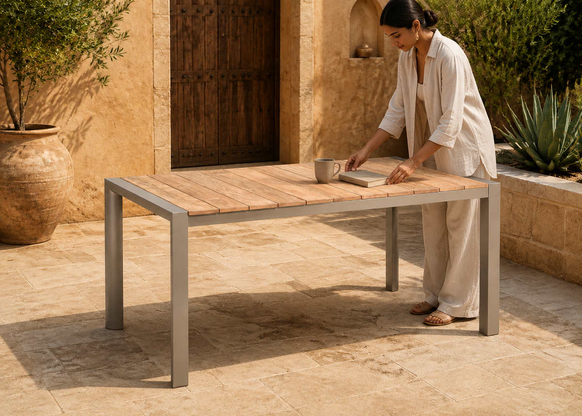 Giza Table in Giza Desert Courtyard with Indian model – lifestyle view