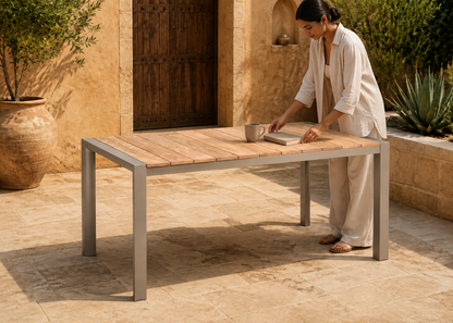 Giza Table in Giza Desert Courtyard with Indian model – lifestyle view