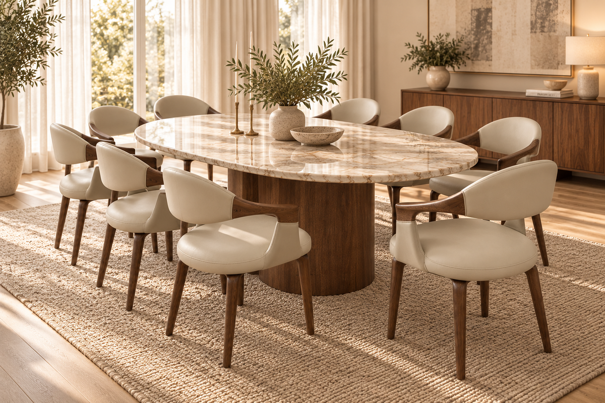 Eight-seater dining layout with Elara Swivel Dining Chairs