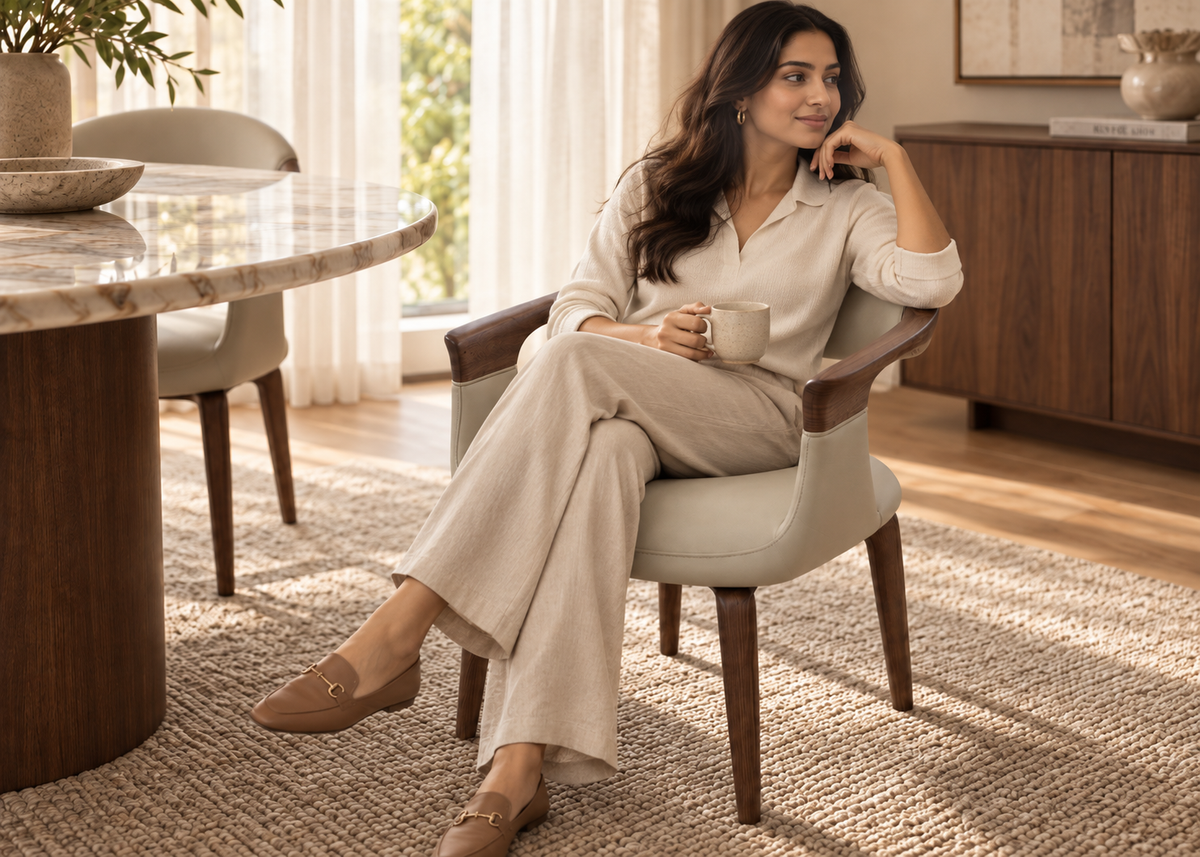 Elara Swivel Dining Chair with a seated woman in a warm modern dining room