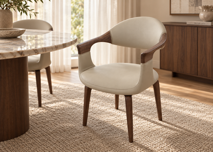 Elara Swivel Dining Chair in greige upholstery and walnut-toned wood