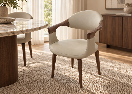 Elara Swivel Dining Chair in greige upholstery and walnut-toned wood