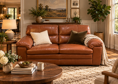Hampton chestnut leather two-seater sofa in a warmly styled family living room with plush pillow-top arms