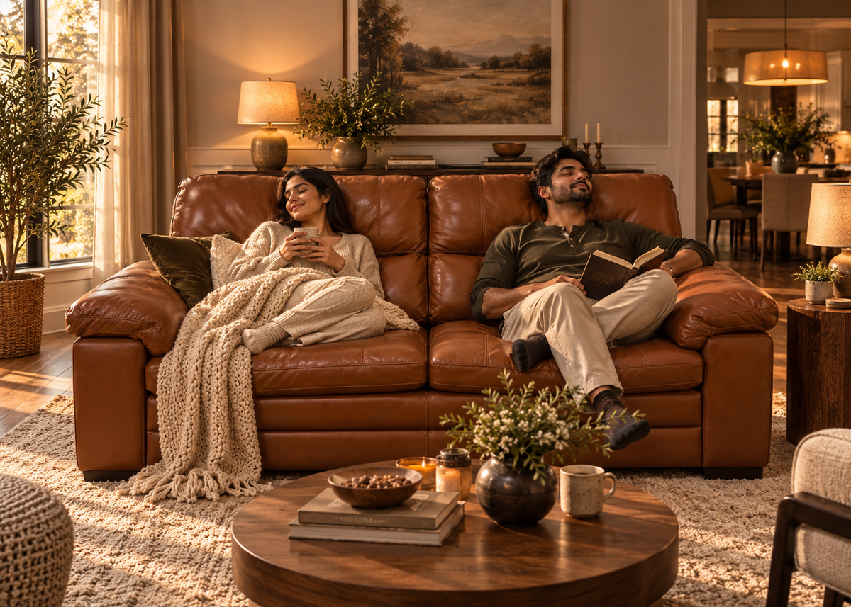 Indian couple relaxing on a Hampton chestnut leather two-seater sofa in a cozy living room