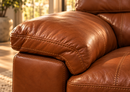 Macro detail of Hampton cognac leather sofa rolled arm with visible leather grain and tan contrast stitching