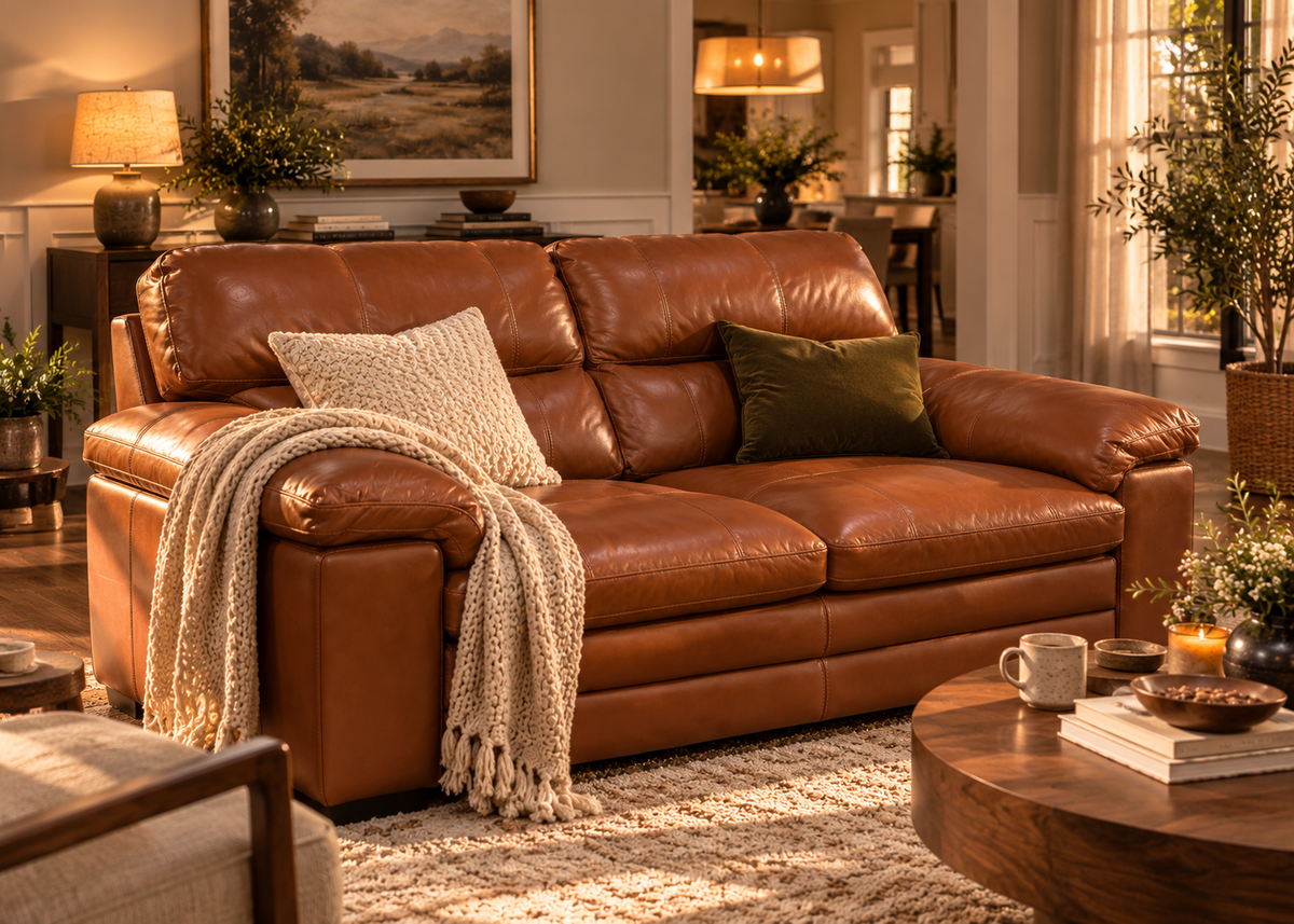 Hampton leather two-seater sofa from left three-quarter angle showing high back cushions and rounded arms