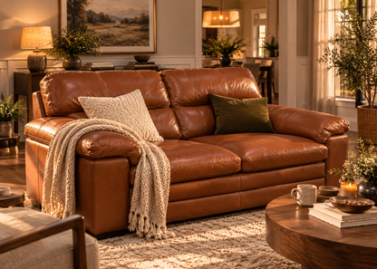 Hampton leather two-seater sofa from left three-quarter angle showing high back cushions and rounded arms