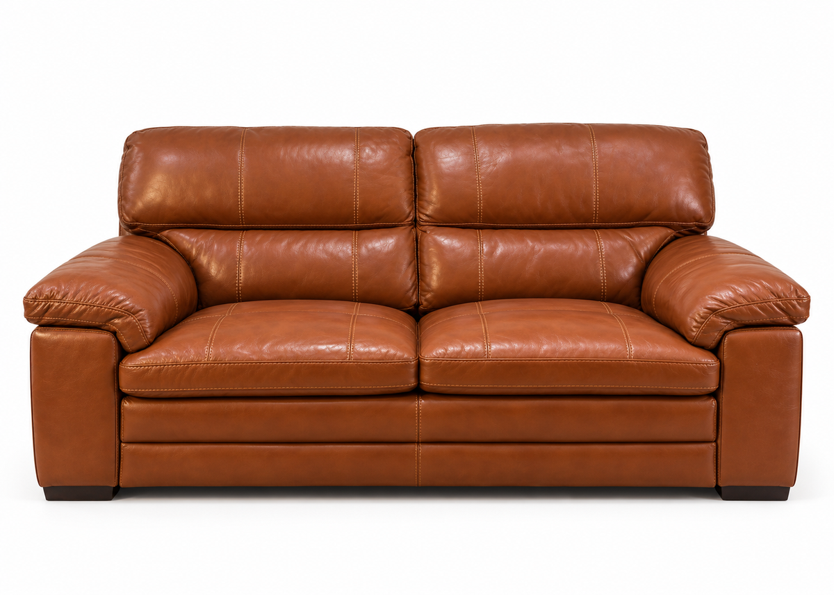 Hampton chestnut leather two-seater sofa front studio product photograph on pure white background