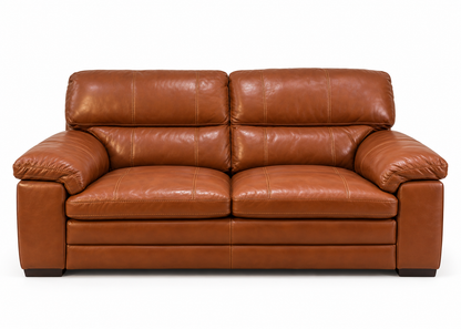 Hampton chestnut leather two-seater sofa front studio product photograph on pure white background