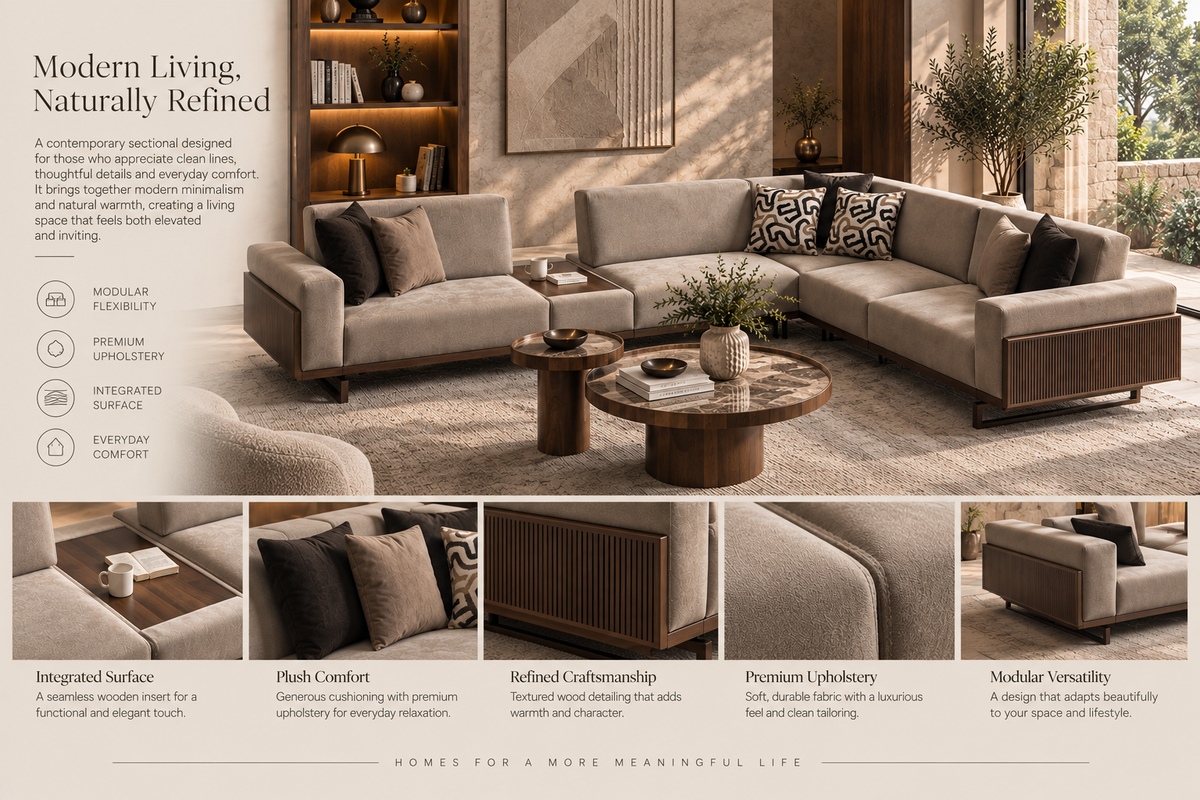 Harmony Corner modular sofa detail overview showing upholstery wood accents and integrated surface