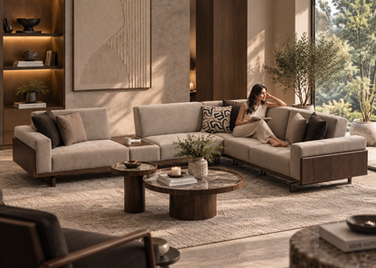 Harmony Corner modular sofa in an earthy luxury living room with a relaxed seated woman