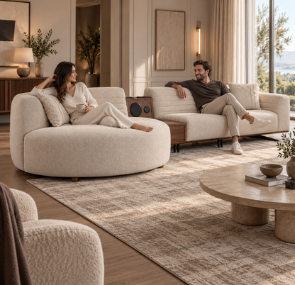 Helen Sofa cream lounger sectional with integrated walnut console and music system styled with two people in a luxury living room