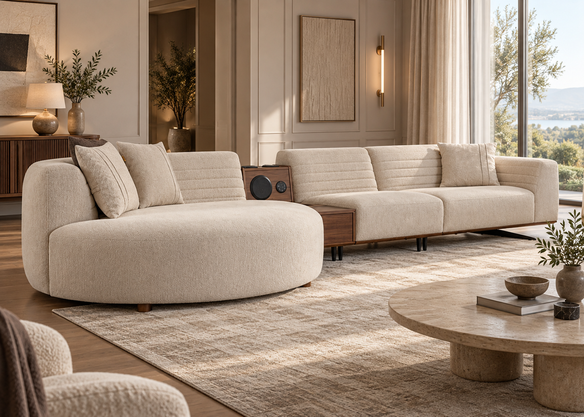 Helen Sofa luxury cream lounger sectional with integrated walnut console and music system in a refined modern living room