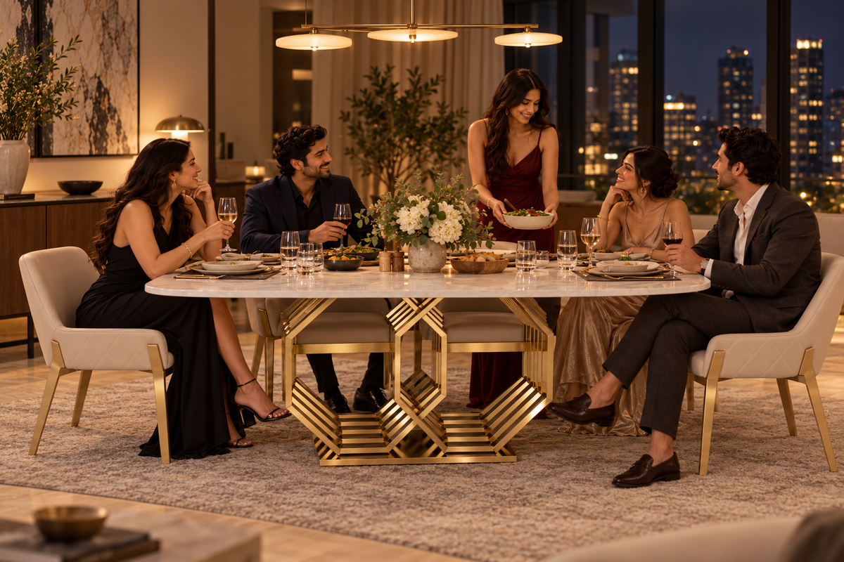 Friends gathered for an evening dinner around the Hexagon Dining table in a modern luxury home