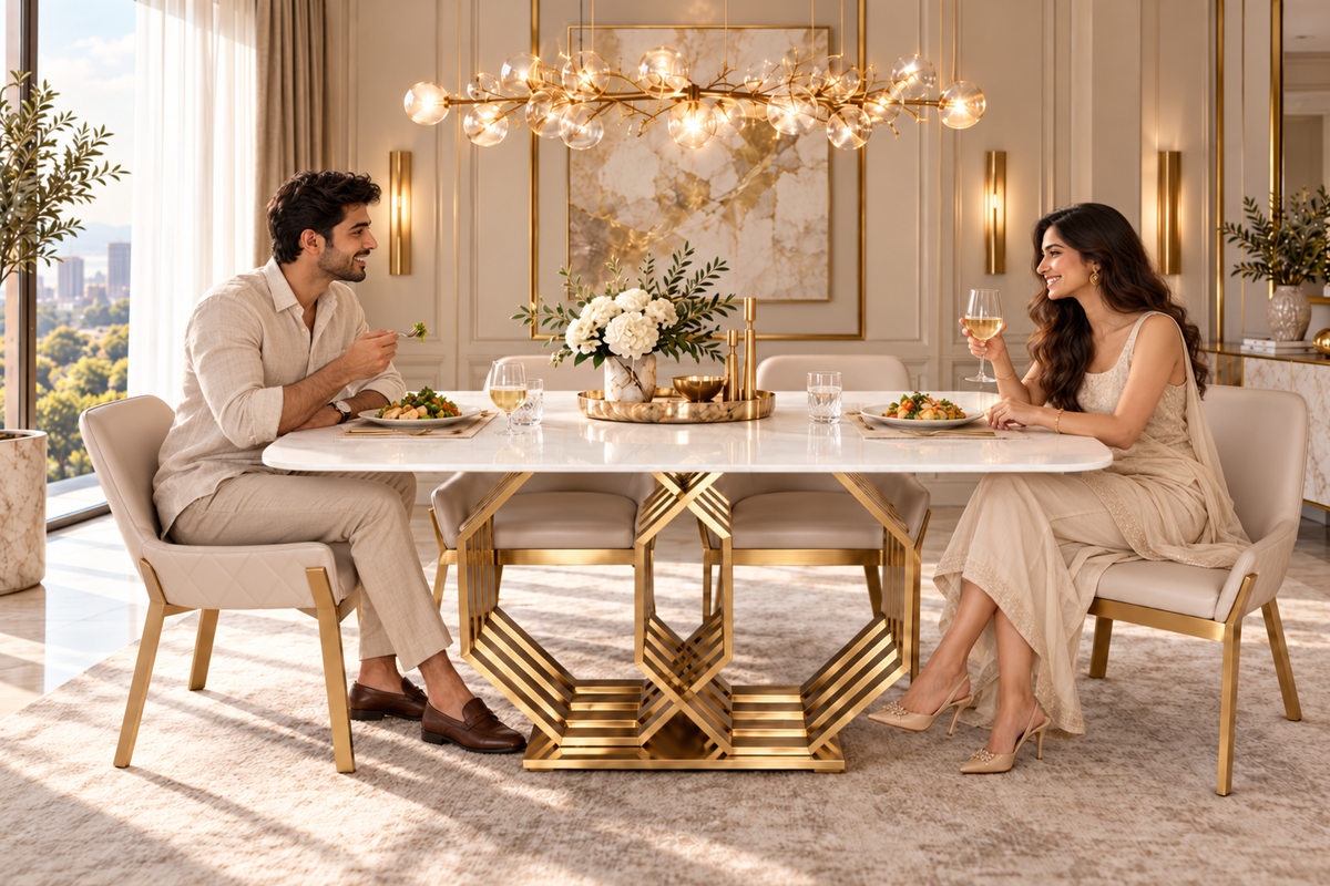 Indian couple having lunch at the Hexagon Dining table in a luxury contemporary home