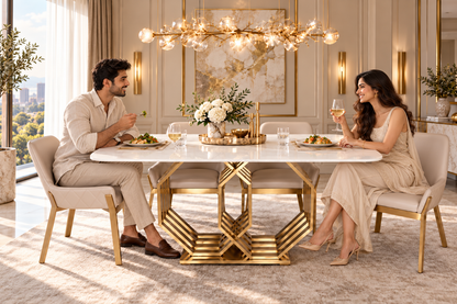 Indian couple having lunch at the Hexagon Dining table in a luxury contemporary home