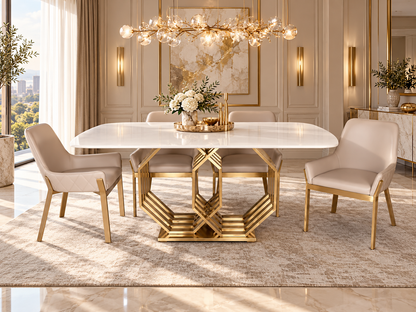 Hexagon Dining table with six upholstered chairs in a luxury contemporary dining room