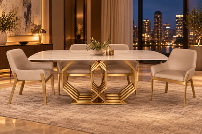 Hexagon Dining table product focus with sculptural gold geometric base and upholstered dining chairs