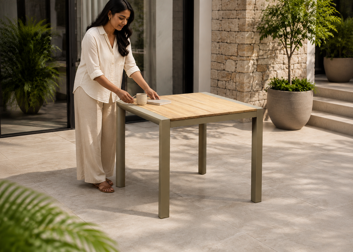 Leeds-Table in Leeds Garden Terrace with Indian model – lifestyle view