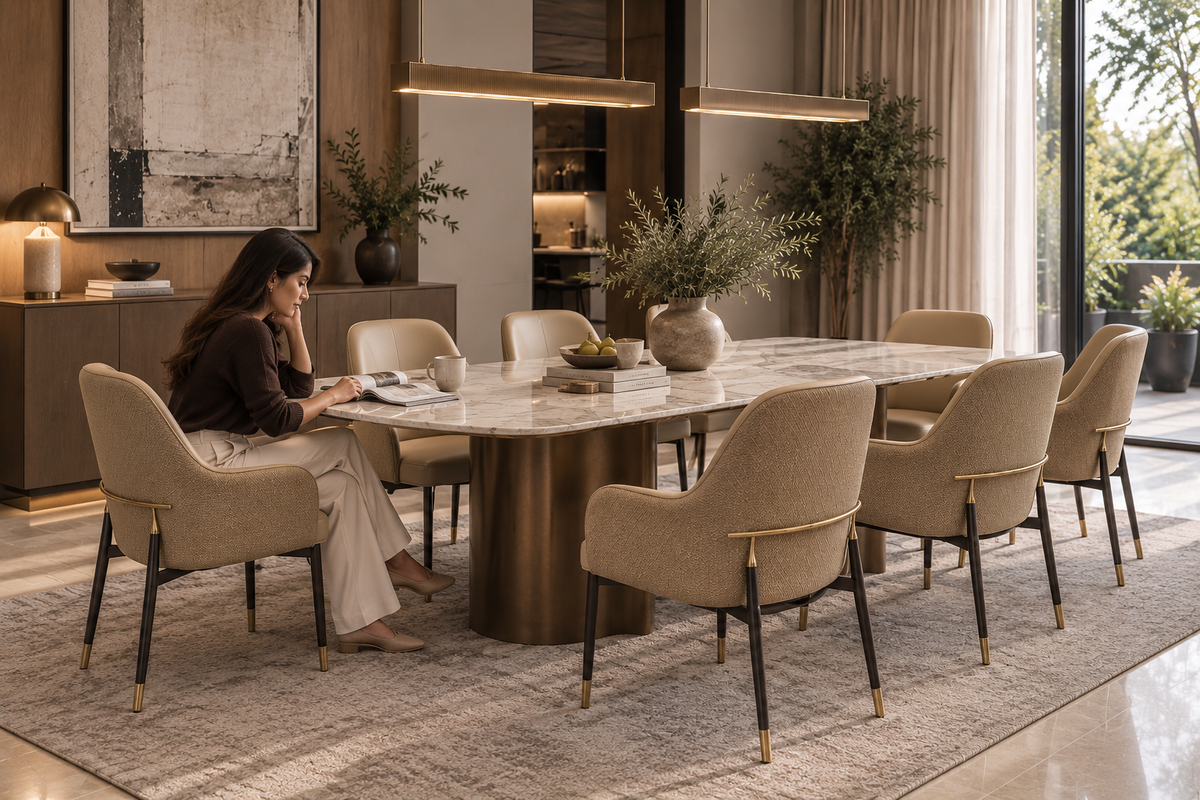 Liera Dining Chair in approved eight-seater dining room with seated woman
