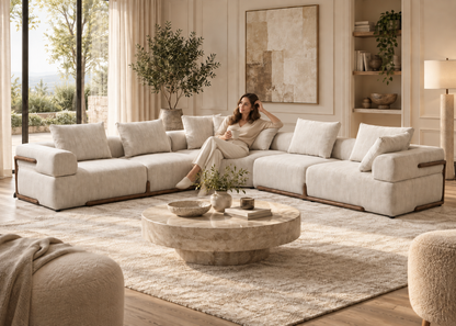 Avenor Corner Sofa cream corner sectional with a woman seated in a modern living room
