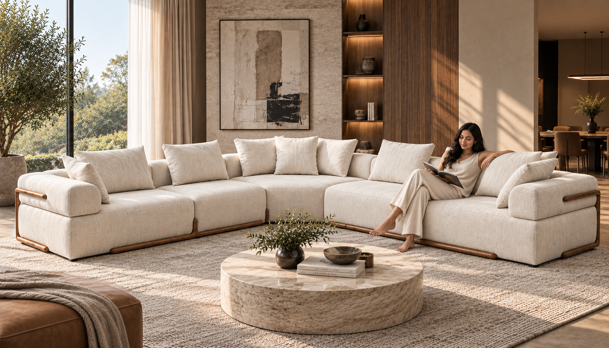 Avenor Corner Sofa wide cream modular sectional with warm wood trim in a contemporary interior